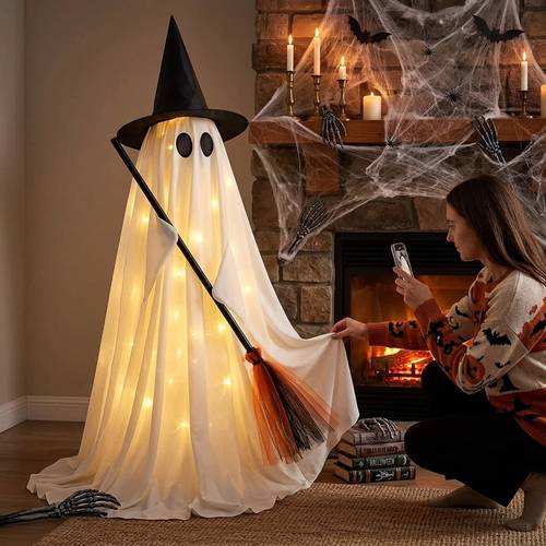 varebillede 1 sæt - 2 stk: 1 troldmandshat med kost + -lyskæde. fritstående halloween-dekoration med heksehat og kost; lysende stående ornament med -lyskæde; batteridrevet gyserrekvisit, velegnet til have, veranda, hjemsøgt hus og indendørs/udendørs festdekorationer. oplyste helligdagsudstillinger