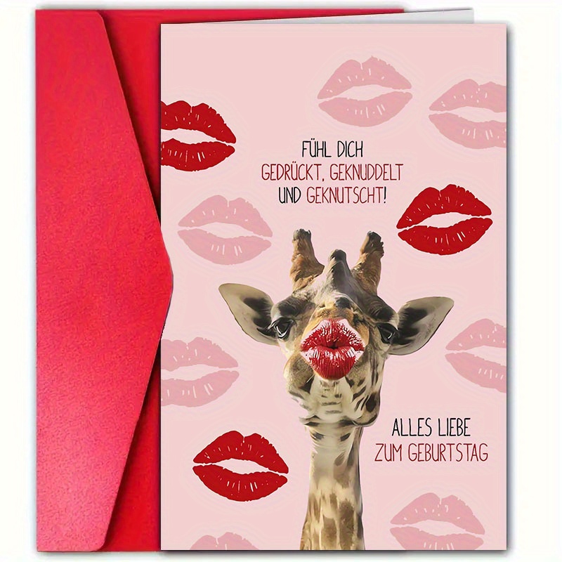 Image of A High-quality German Birthday Card Made Of With An Envelope, Suitable For Family, , And , Perfect For Birthday Decorations. Enjoy Of Being Embraced And By A Giraffe