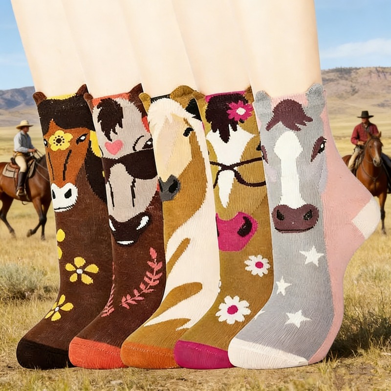 TEMU 5 Pairs Horse Gift Womens Standing Ear Horse Mid-tube Socks Comfortable Outdoor Women's Socks Animal Party Riding Gift Horse Lover Socks Fun