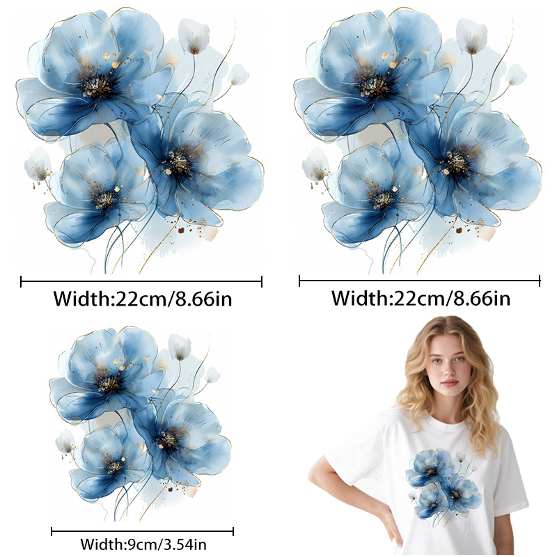 TEMU 3pcs High-definition Blue Flower Heat Transfer Stickers, Diy Iron-on Patches, , Seamless Application, High Tear Resistance, Fade-resistant And