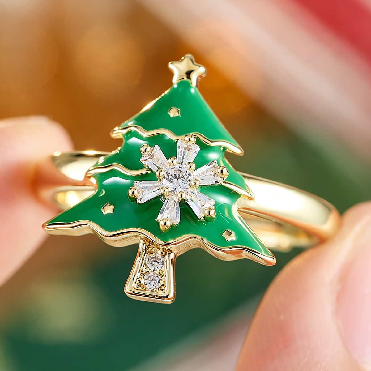 Christmas Tree Open Ring with Snowflake Zirconia, Festive Jewelry