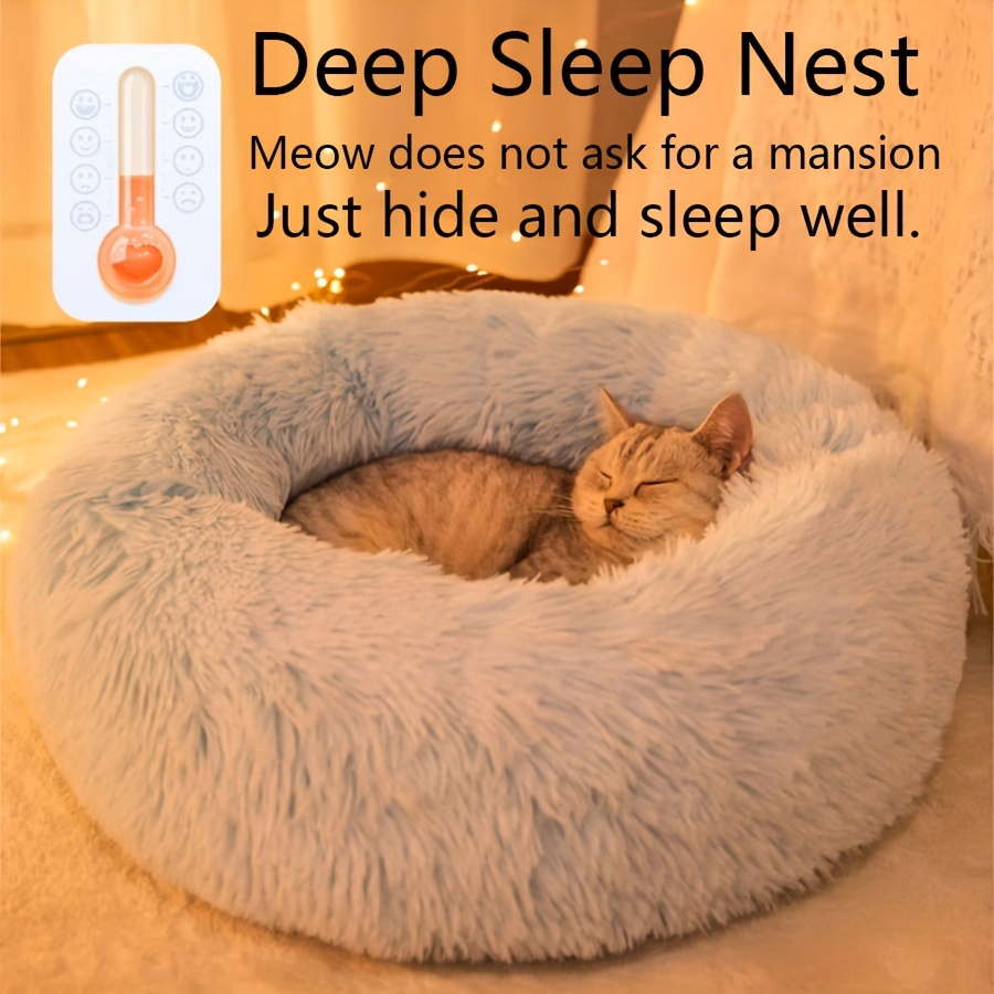 

A Cozy Striped Plush Pet Bed For Cats And Small Dogs - A Warm, Deep-sleep Round Nest With Filling - Gray Color.