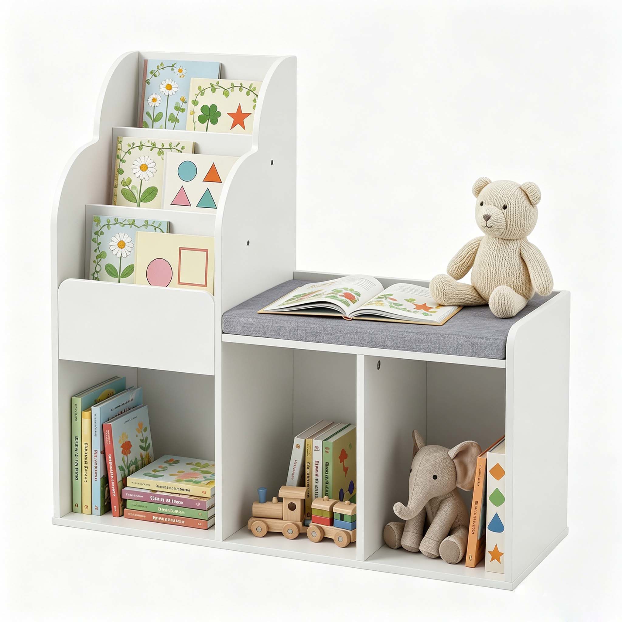 Image of Kids Bookshelf, Kids Reading Nook, Wooden Bookcase With 3 Storage Cubbies, 3-tier Shelves, Corner Storage Organizer For Playroom, Kids' Room