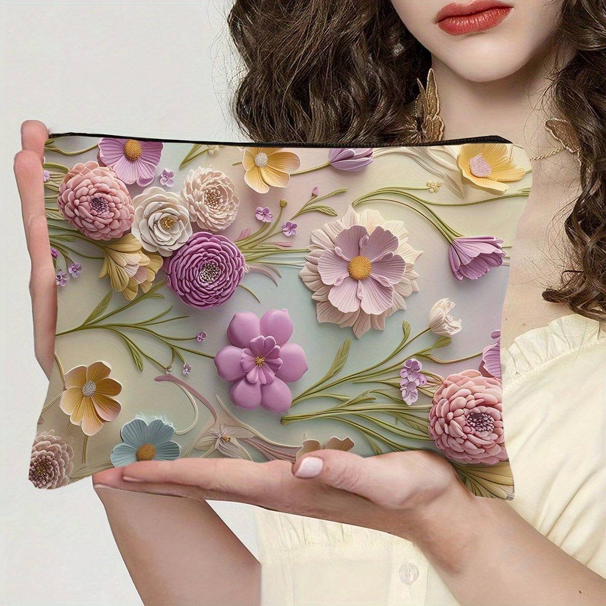 TEMU Stylish Floral Cosmetic Bag - Durable Cloth Makeup Organizer With Zippered Compartments, Lightweight Travel & Home Decor Storage Pouch In Light Purple & Pink, Great Gift For Women