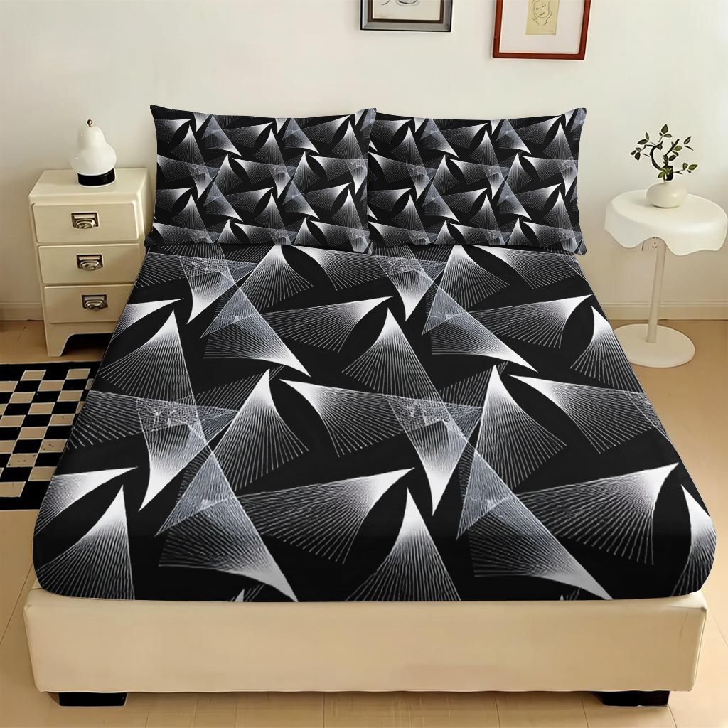 TEMU -1pc Geometric Abstract Black And White Pattern Fitted Sheet, Breathable And Soft, Machine Washable, For Bedroom Student Dorm, With Deep ( 1pc