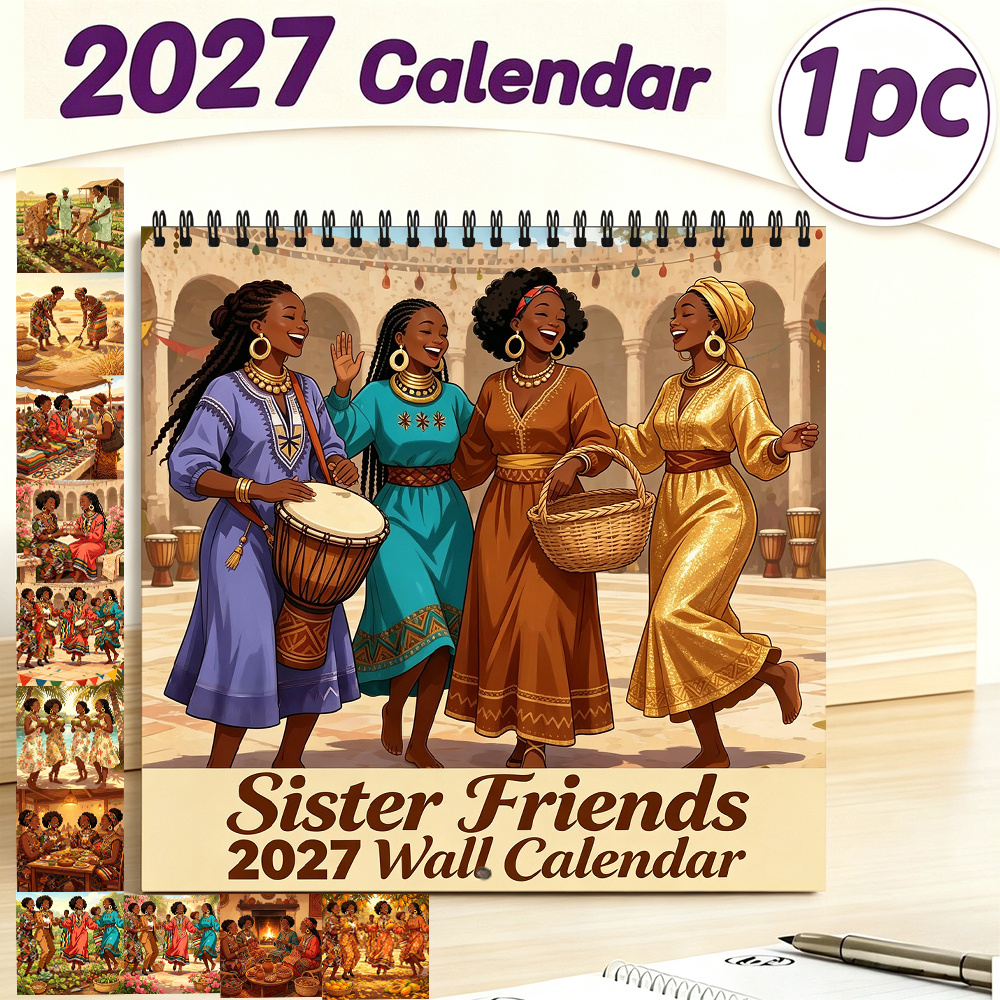 TEMU 2027 Sister African American Ethnic Style Wall Calendar, Multi-holiday Wall Decor For Christmas, Halloween, New Year, Wedding & Back To School,