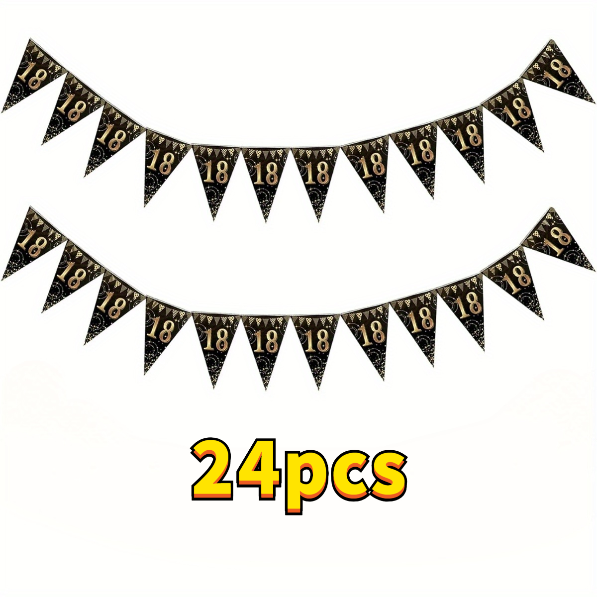 Image of 24pcs 18th Birthday Banner Set | Elegant Black And Flags With "18" Print, Durable Paper For Indoor Or Outdoor Celebrations, Party Decorations, Easy To Hang Decor