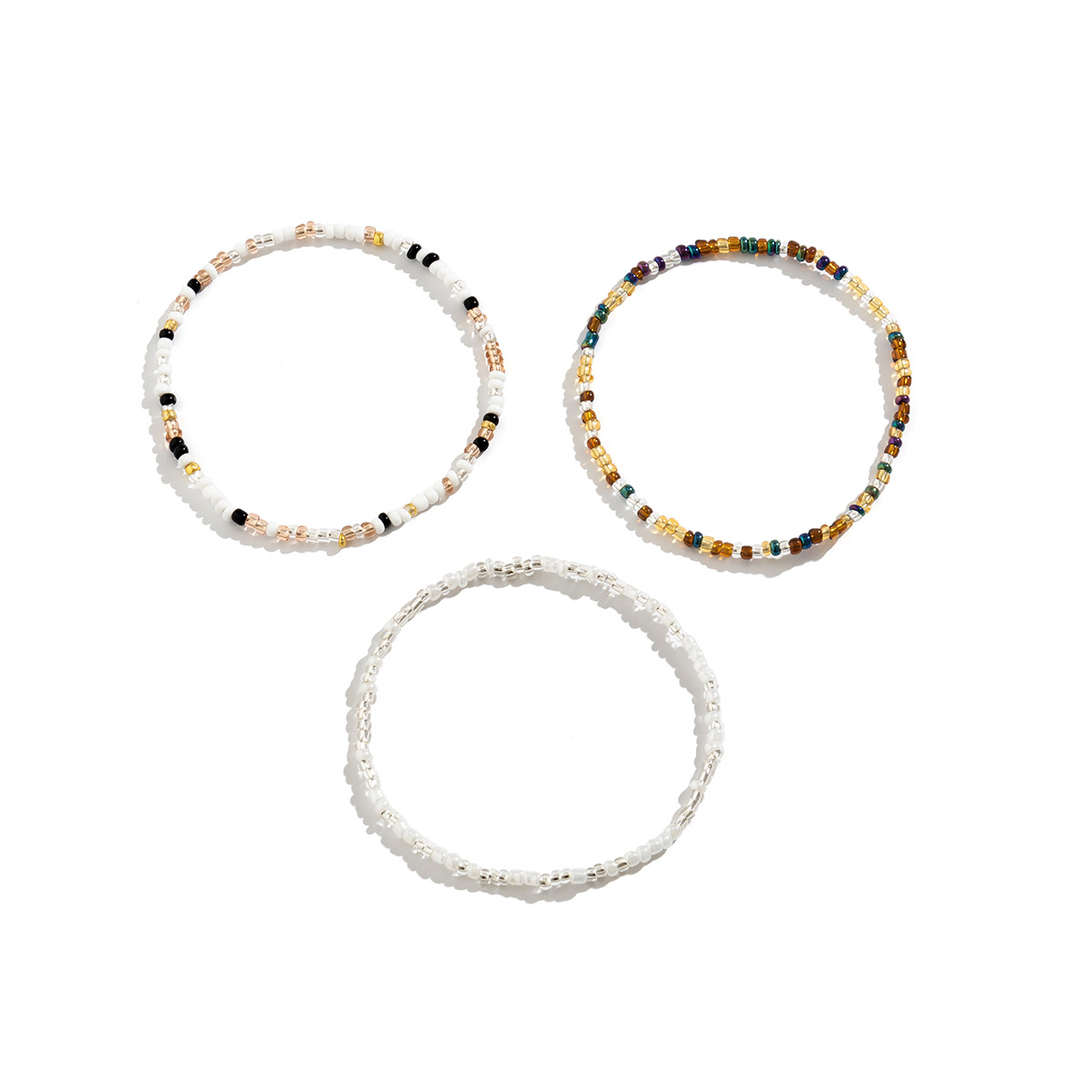 3pc Bohemian Mixed Color Seed Bead Anklet Set, Summer Style
