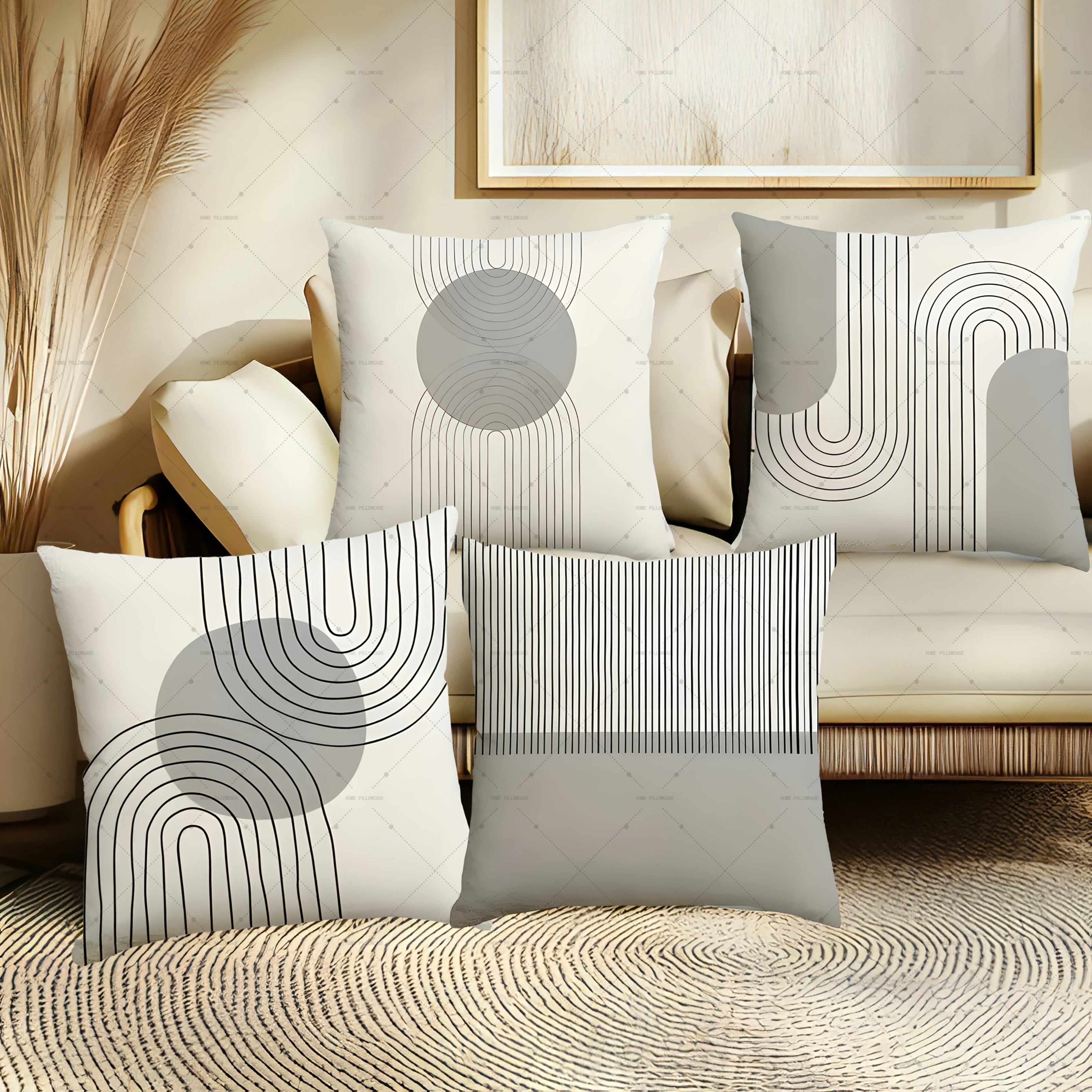 TEMU 4pcs Bohemian Style Gray Striped Oil Painting Pillowcases With Zipper - Perfect For Bedroom, Sofa, Living Room, Office, And Party Decor, Machine