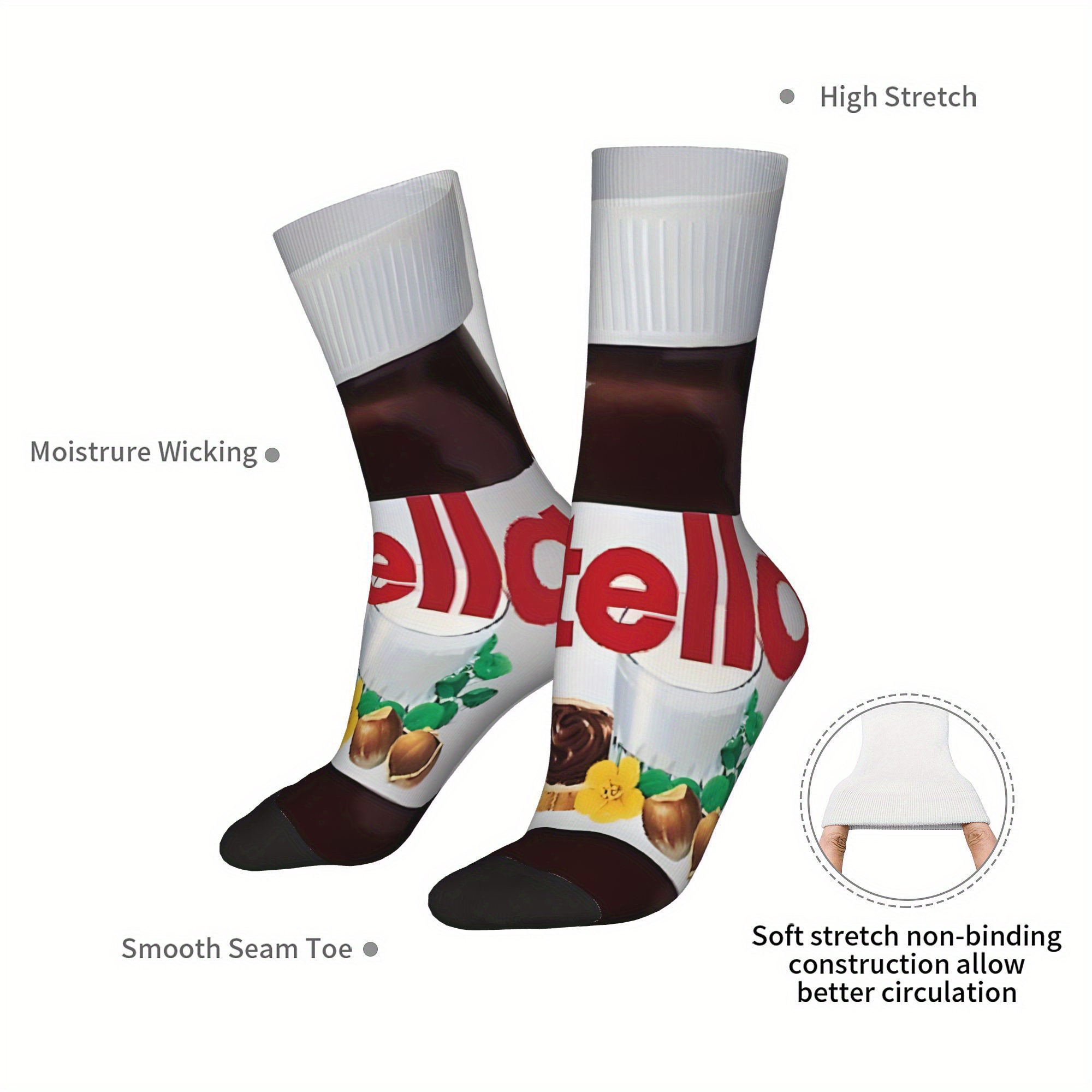 1 Pair Men'S Funny Novelty Crew Socks - Chocolate Hazelnut Spread Design, Hip Hop Harajuku Style, Polyester Knit Fabric (95% Polyester, 5% Elastane), Hand Washable - Ideal for Christmas Gifts and Casual Wear