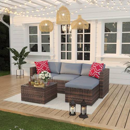 5pcs patio furniture set pe wicker modern patio conversation set outdoor furniture set with glass coffee table for garden poolside backyard brown grey
