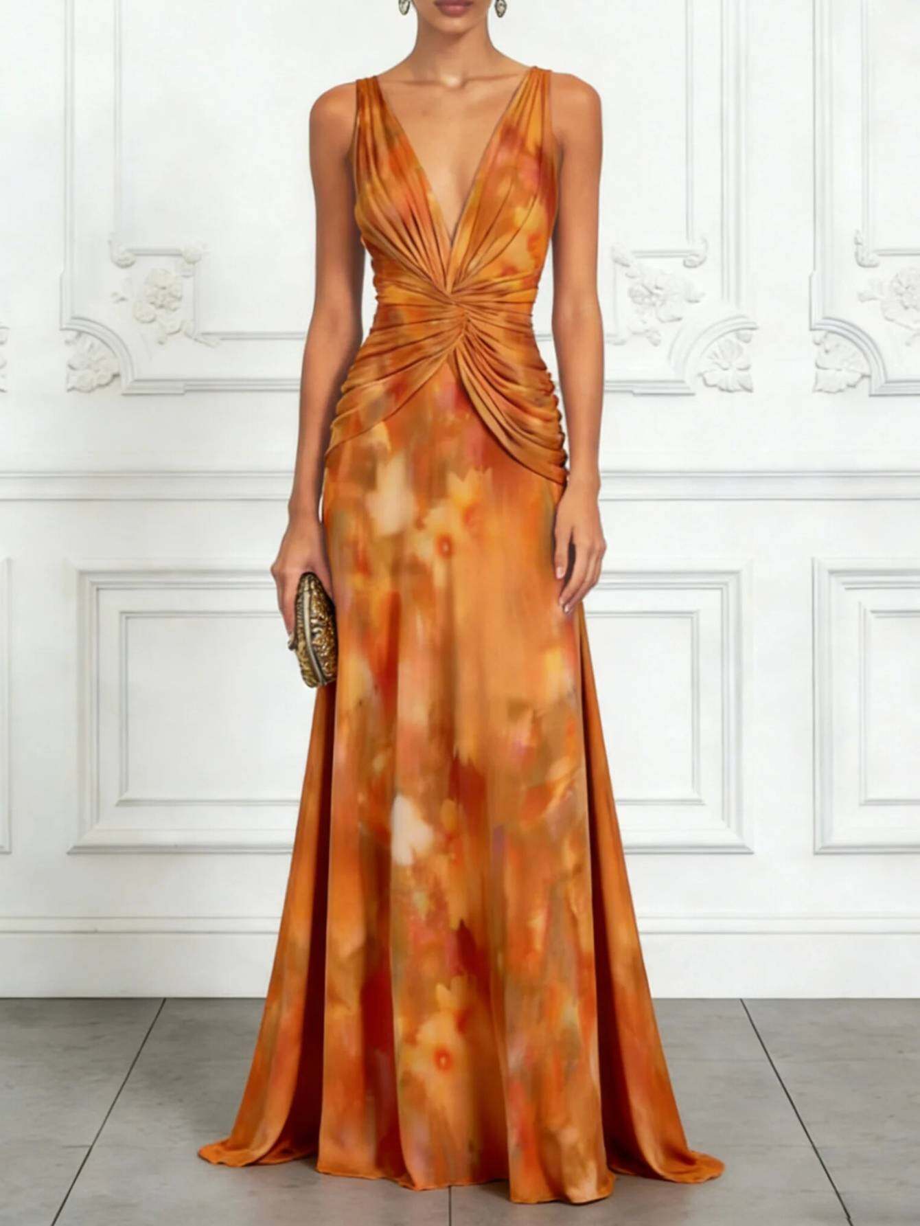 V-Neck Sleeveless Waisted Twisted Printed Maxi Dress Women's Summer Style | Sophisticated Elegant * * Spring and * Banquet & Formal Occasions V-Neck Sleeveless Waisted Twisted Printed Maxi Dress Women's Summer Style | Sophisticated Elegant * * Spring and * Banquet & Formal Occasions