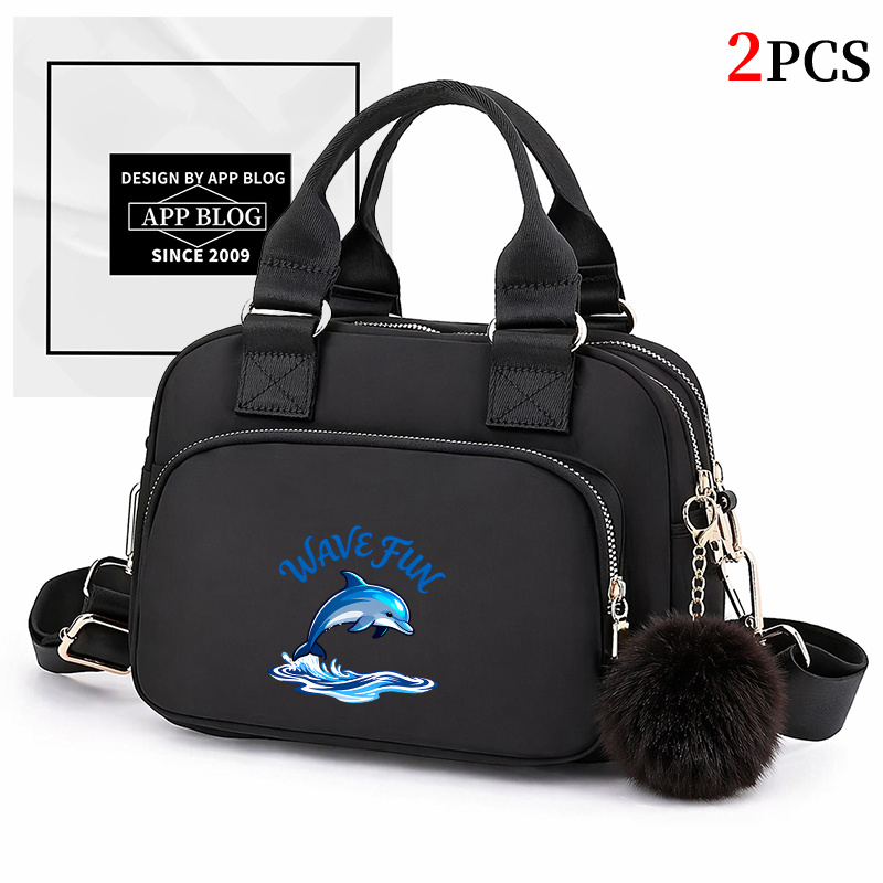 2pcs Dolphin Pattern Versatile Women's Crossbody Bag Shoulder Bag Suitable For Pairing With Cute Plush Little Balls Set. Universal Commuter Bag For Women Nylon Fabric Phone Bag Handbag