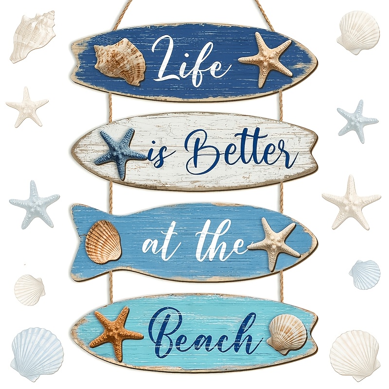 TEMU 2d Flat, 4pcs Summer Beach Wood Wall Decor Set, Farmhouse Coastal Bathroom Wall Art Decor, Blue Hanging Sign, Beach Decor, Suitable For Home