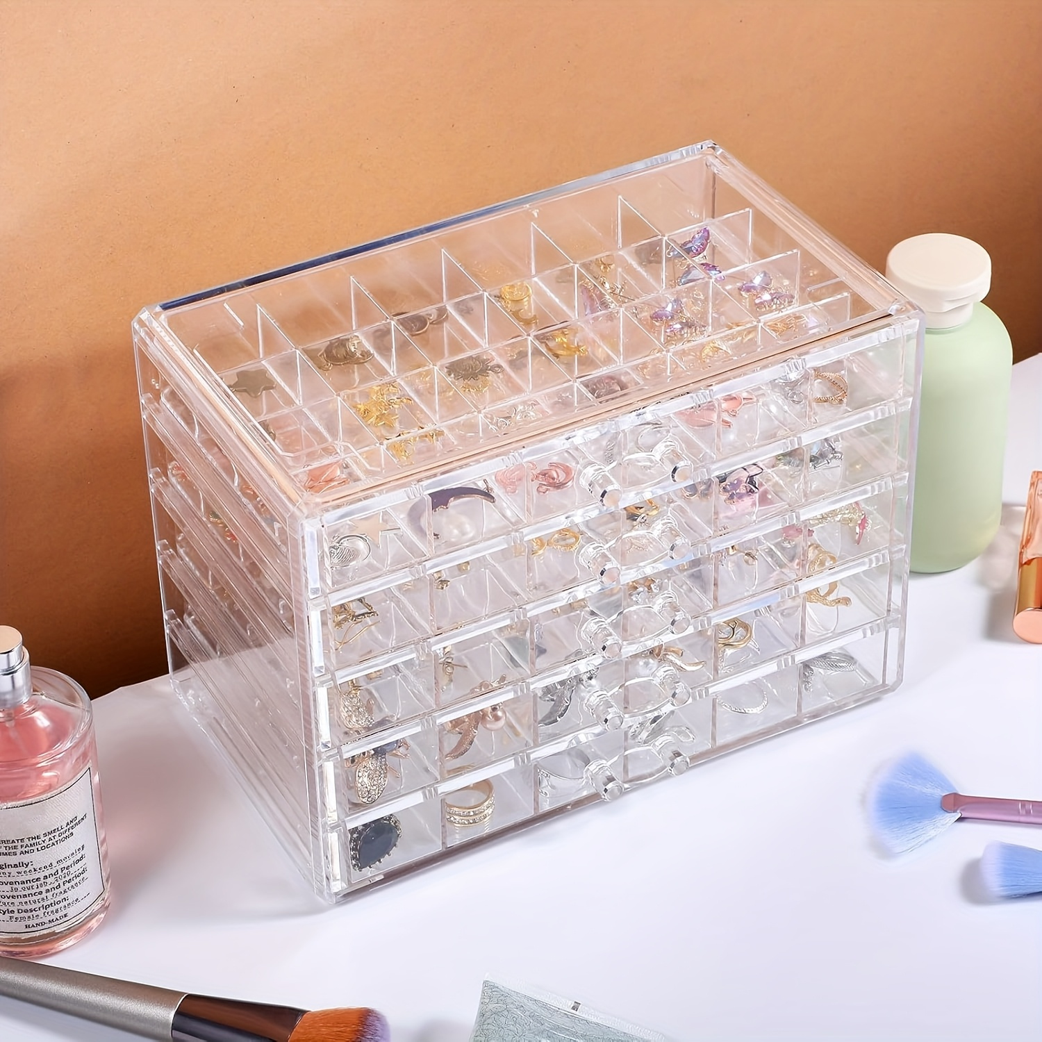 jewelry storage box with 5 drawers featuring 5 layers and 120 compartments made of transparent plastic this multifunctional and minimalist organizer is suitable for women and girls serving as a clear display stand for earrings necklaces rings and bracelets it can     great gift for   and mothers Product details 4