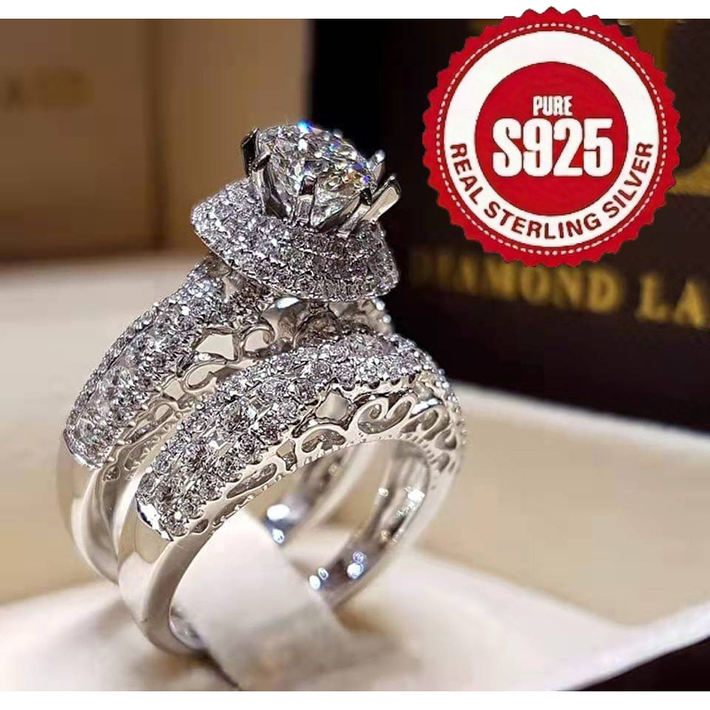 TEMU 925 Sterling Silver Double-layer Micro Inlaid 3a Zirconia Ring Set, Suitable For Luxurious Parties, Wedding Rings, Hollow Designs, Exquisite