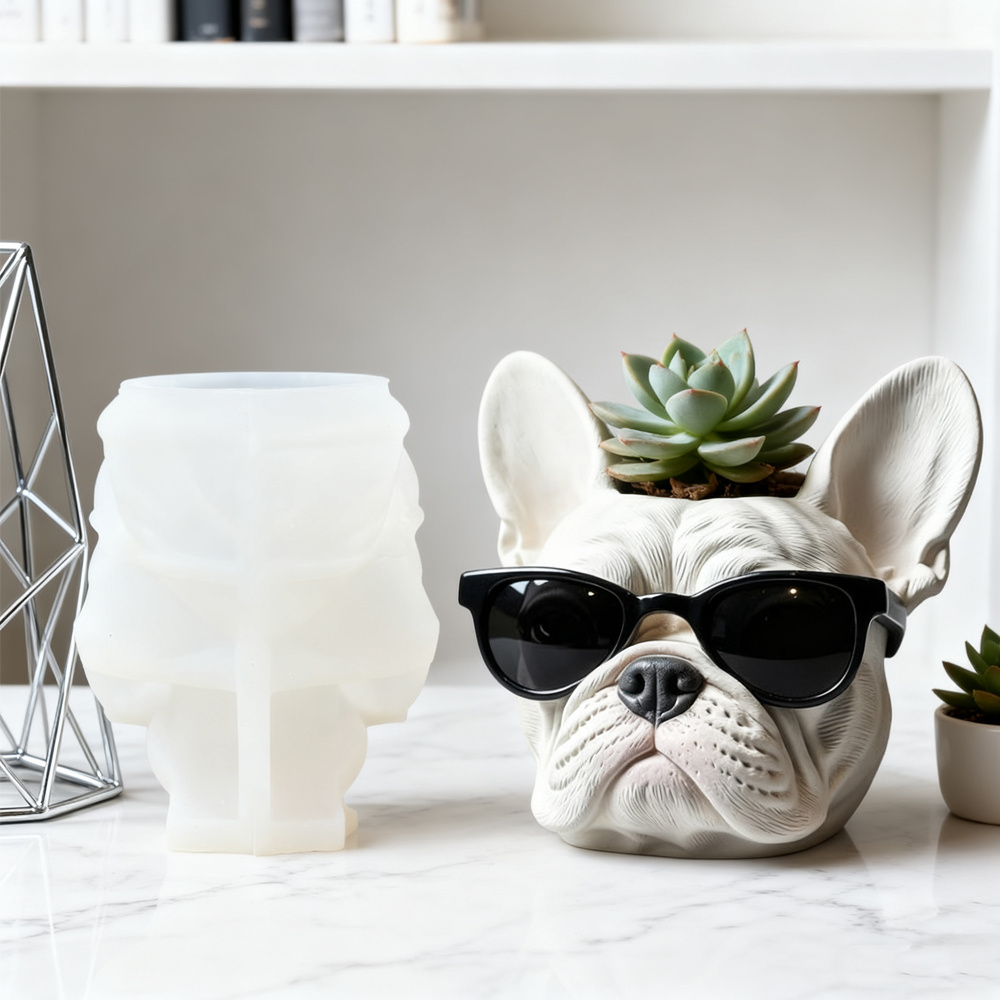 E-shop Cooler Französische Bulldogge mit Brille Blumentopf Silikonform, 3D Niedliche Haustier-Form Harzform für Handgemachte Bastelarbeiten - für die