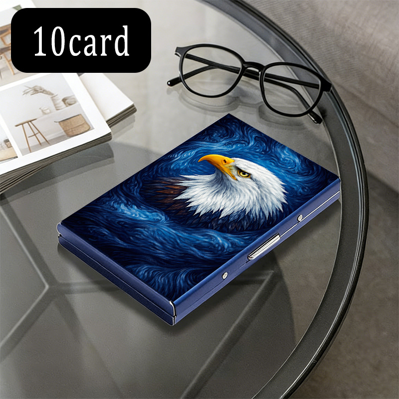 TEMU 1pc High-end Stainless Steel Rfid Anti-theft Card Holder Eagle White Blueperfect Gift Polished Surface With Metallic Finish Can Hold 6 Or 10