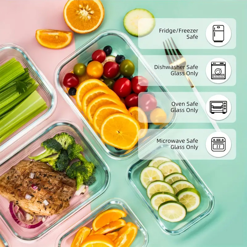 16pcs glass food container set lunch boxes portable storage for microwave and dishwasher locking lid rectangular borosilicate glass for refrigerator and kitchen dining containers 8 lids details 7