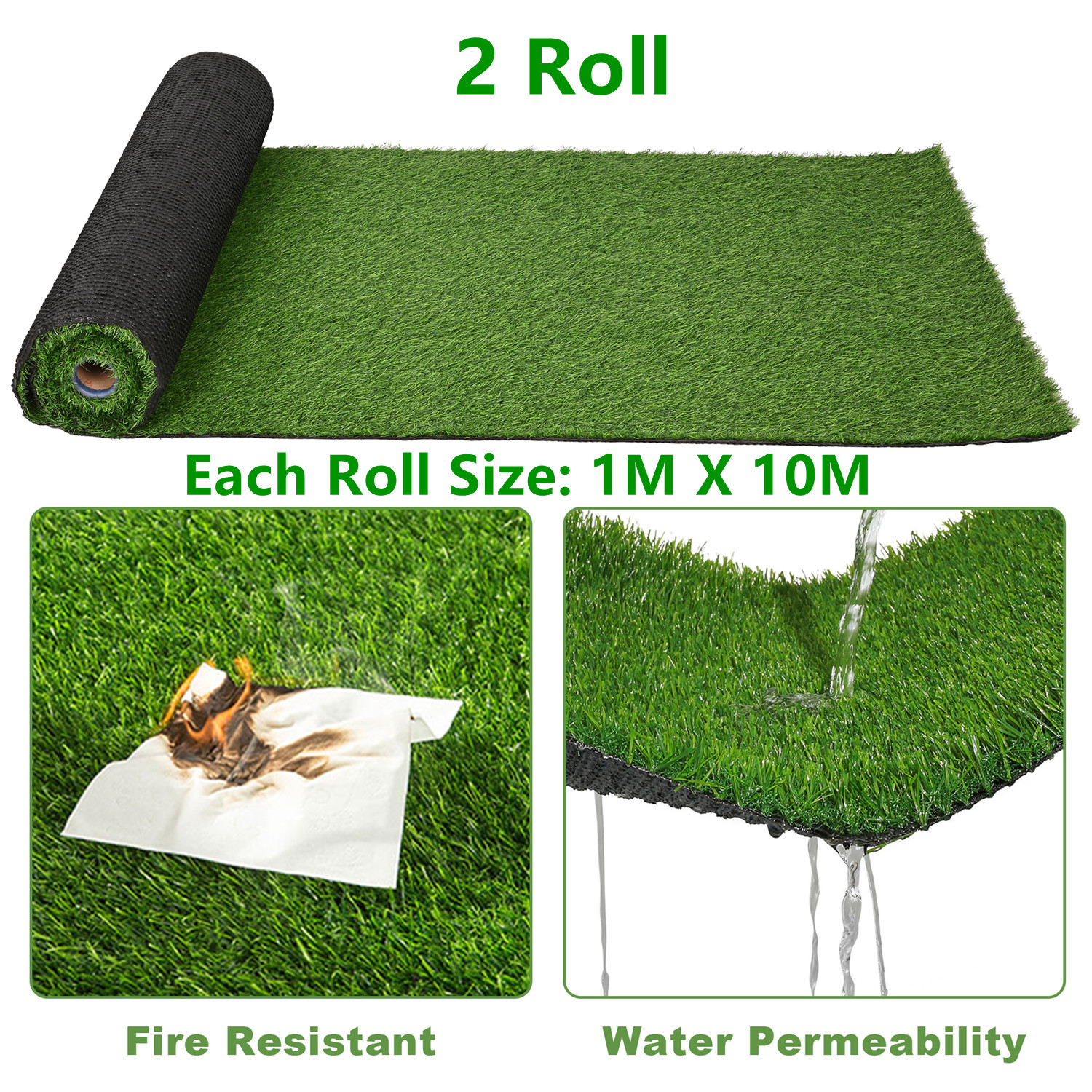 Image of 2 Rolls 1x10m Artificial Grass Carpet, 30mm Height, Artificial Grass Rolls With Drainage, Permeable Uv-resistant Artificial Grass Lawn Carpet For , And Gardens