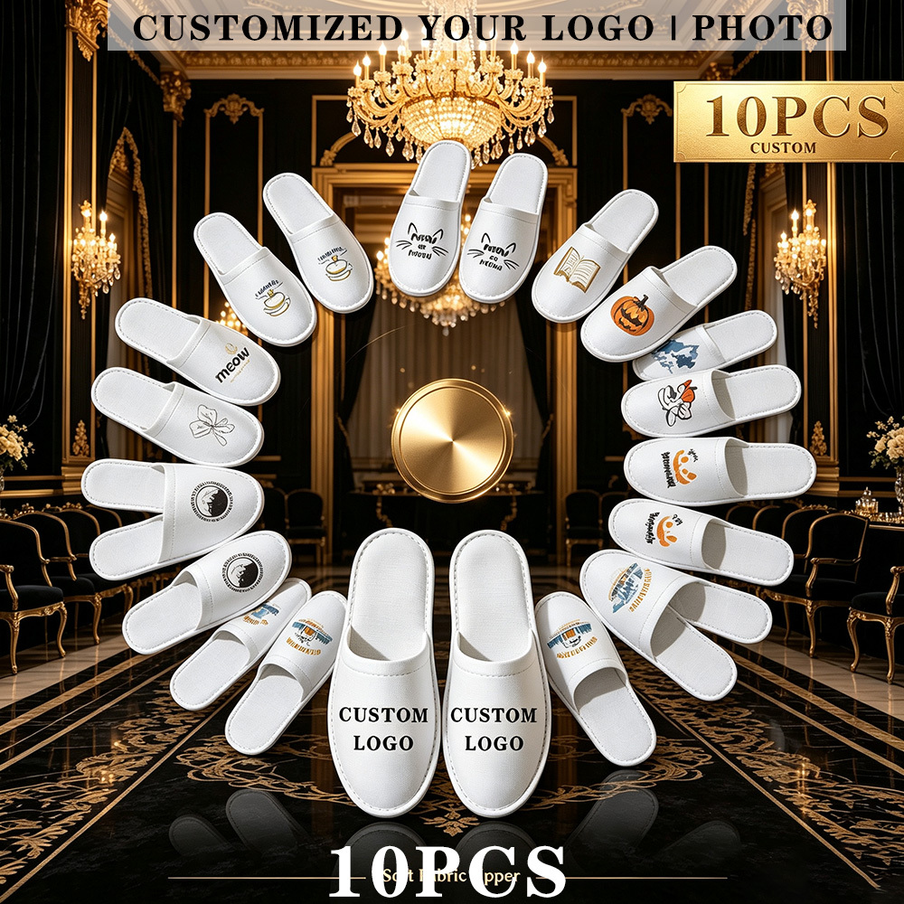 TEMU Paquete de 10 de pantuflas de hotel de lujo desechables con estampado personalizado, logotipo y personalizados disponibles, ideales para posada
