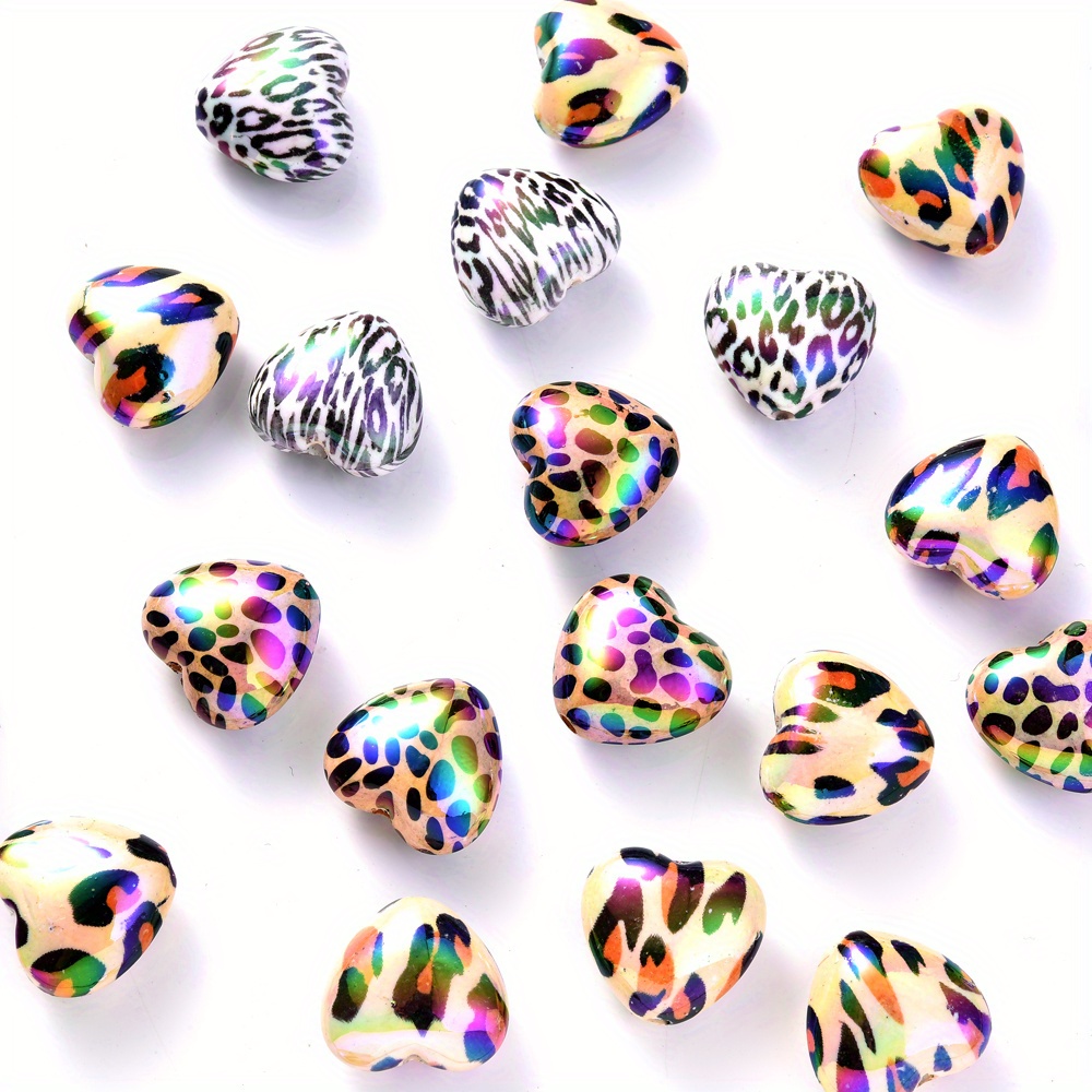 Image of 10pcs 19x20mm Acrylic Bead Set - Romantic Leopard Print And Heart-shaped Accessories, Suitable For Diy Pen, Earring, Necklace, And Jewelry Making
