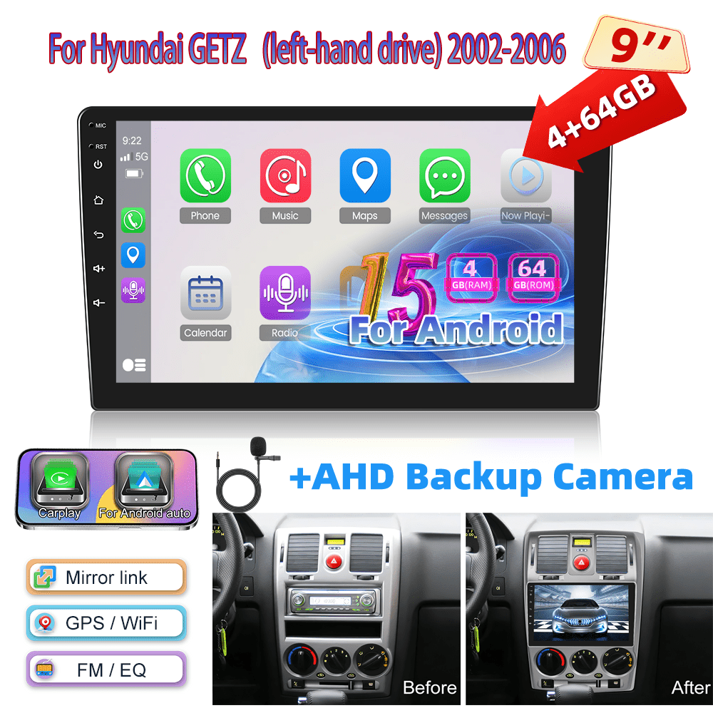 Image of [4+64g] 15 Car Radio, For Getz (left-hand Drive) 2002-2006, 9-inch 1280p Ips Touch Screen Radio With Car Radio Ai Dsp/ Fm/ Rds/ 32eq Gps Wifi Swc+microphone, Ahd Reverse Camera, Without Battery
