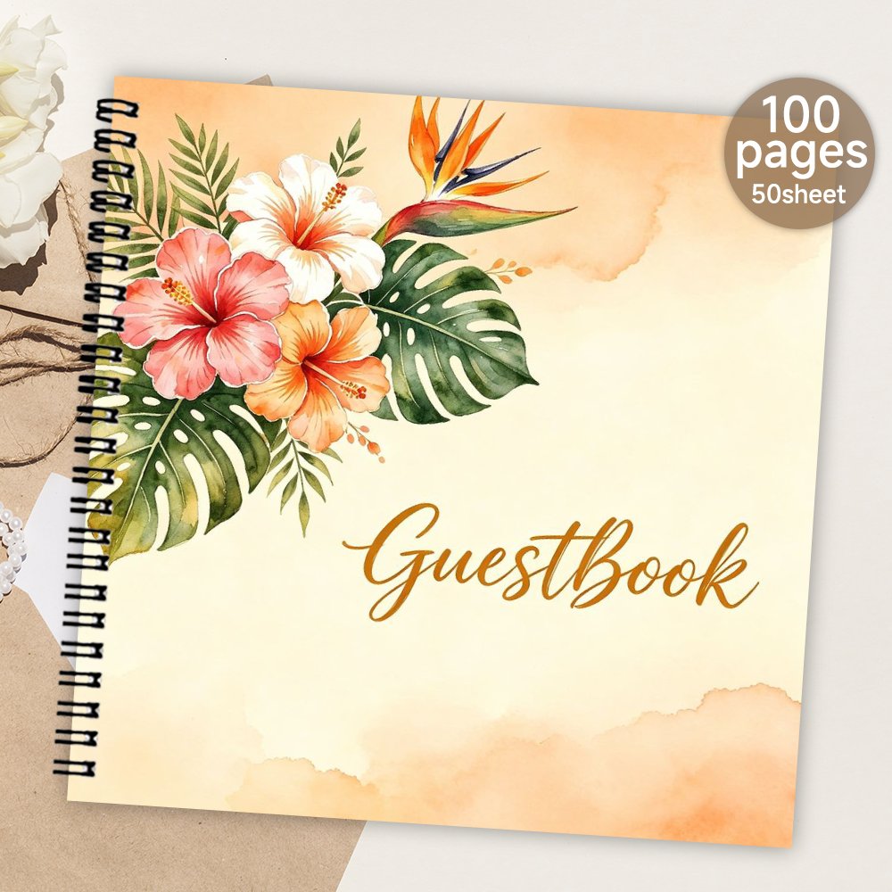 TEMU 1pc Spiral Guestbook, Blank Page Guest Book: Tropical Watercolor Floral Guest Book, Meaningful Gift & Souvenir Album For Family & , Summer