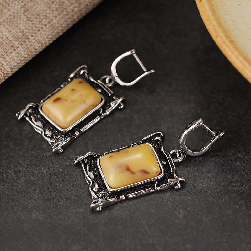 Retro Bohemian Bracket Earrings, Silvery Resin Pendant