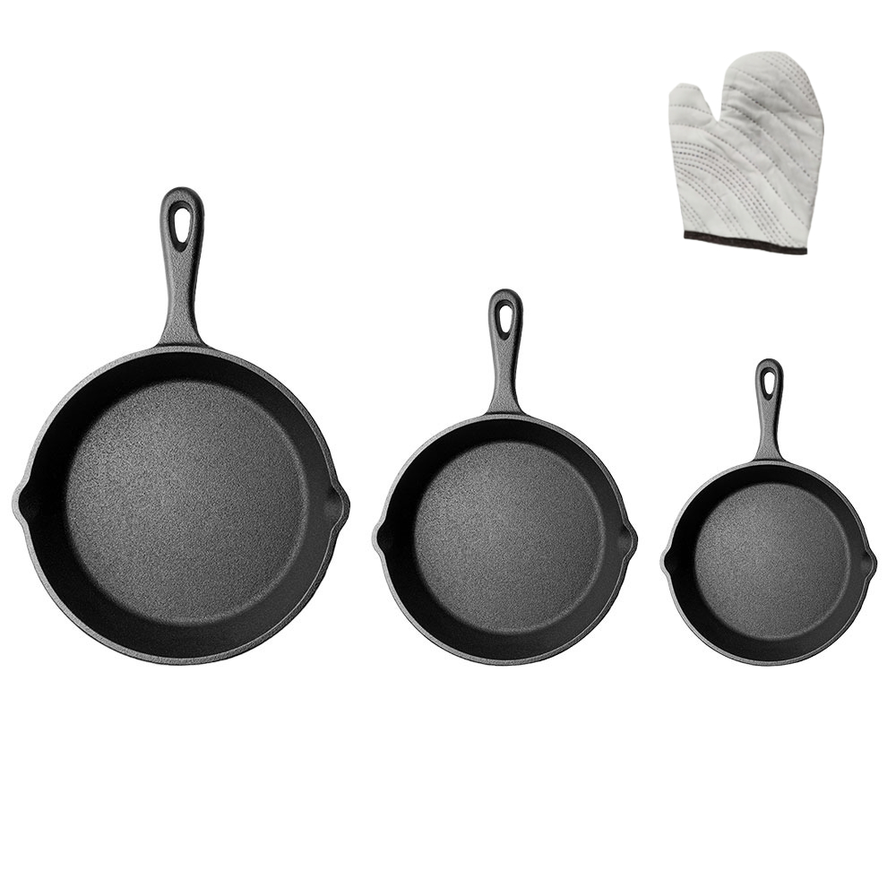 3pcs Cast Pan Set, Heavy Duty Frying Pan Set, Grill Pans Suitable For All Hob Types, 17cm/21.3cm/26.7cm, Black, For Frying, Searing