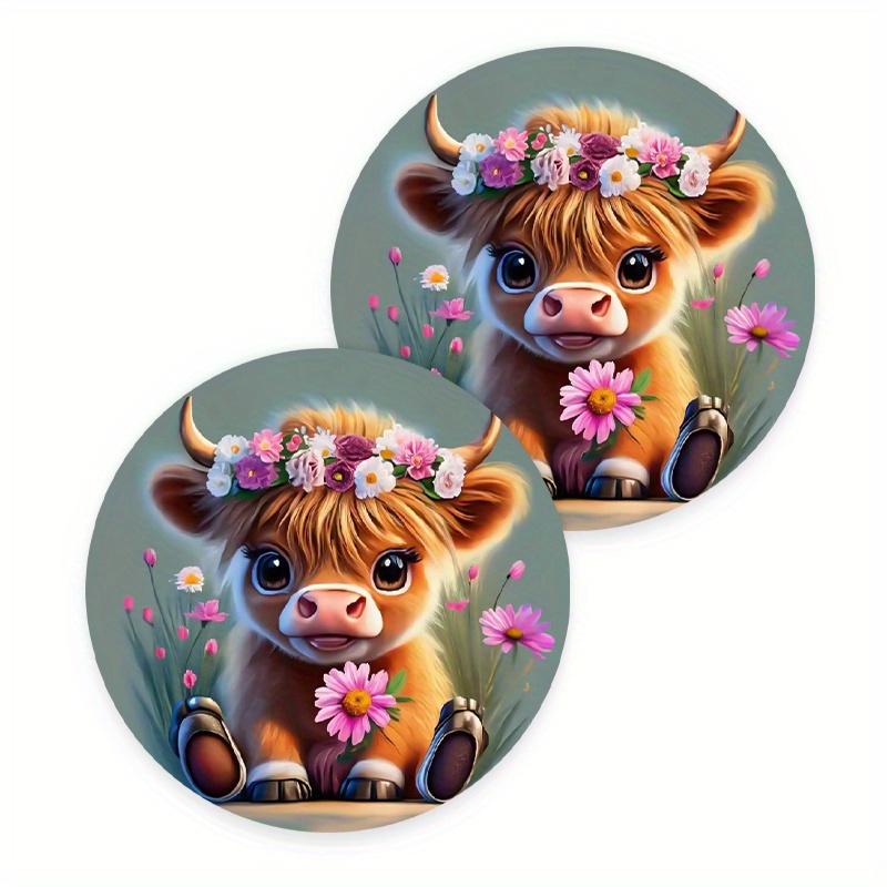 2pcs Cute Cow Flowers Pattern Car Coasters, 2.75-inch Car Non-slip Drink Cup Mat, To Keep Cup Holders Coaster, Festive Essentials, Car Interior Accessories Mat For Women Men, Festive Gifts