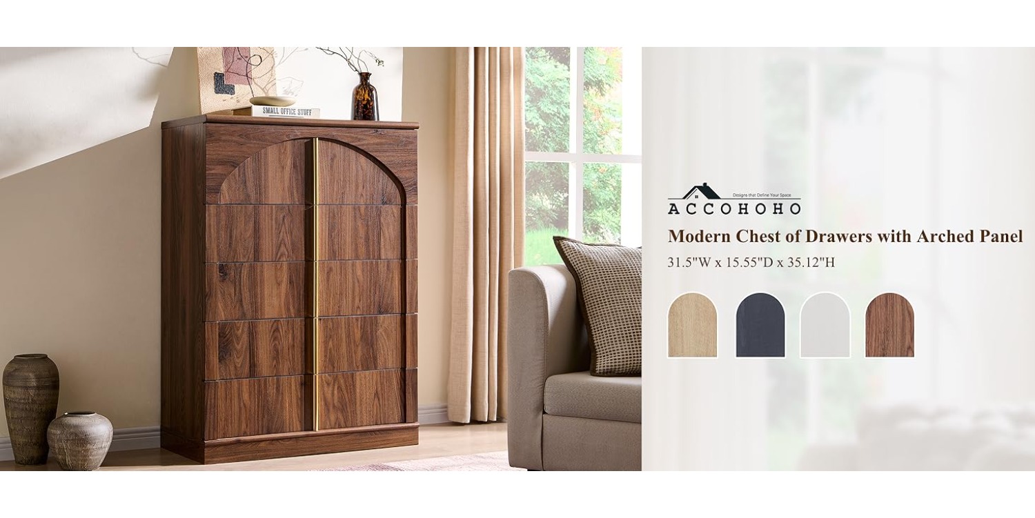 JXQTLINGMU Modern 5 Drawers Dresser For Bedroom With Arched Panel, 44