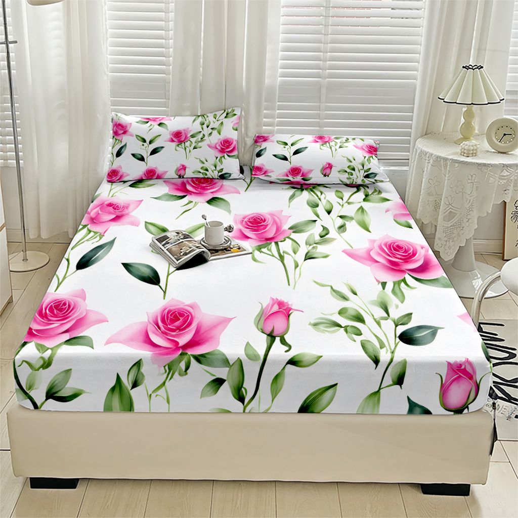 TEMU 1pc Pink Roses And Green Leaves Pattern Print Fitted Bedspread, Soft Comfortable Bedding Fitted Sheet, For Bedroom, , With Deep Pocket, Fitted