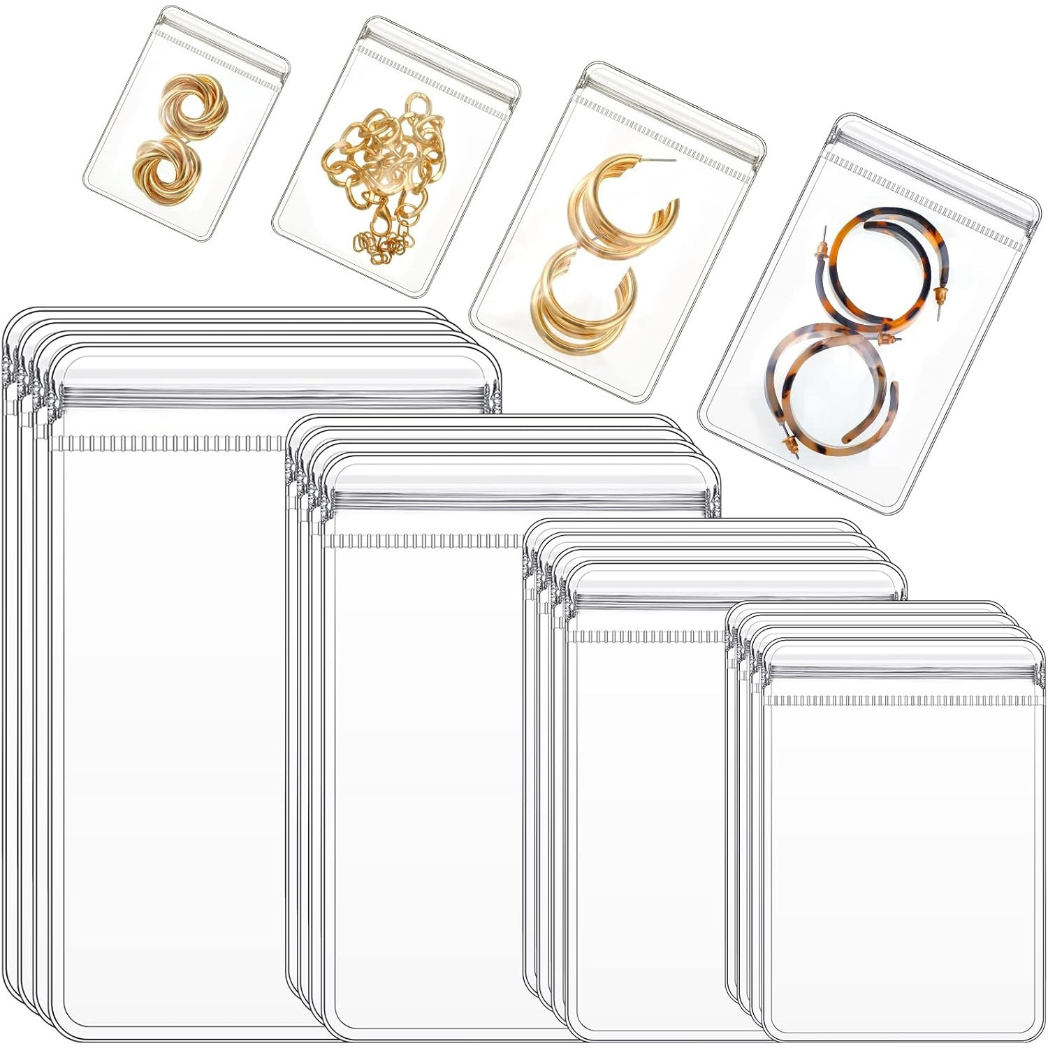 Image of 200pcs Of Transparent Plastic Bags For Jewelry, Designed To Prevent Tarnishing. Self-sealing Pvc Pouches Are Suitable For Earrings, Necklaces, And Small Rings, In 4 Different Sizes, Jewelry Rolls
