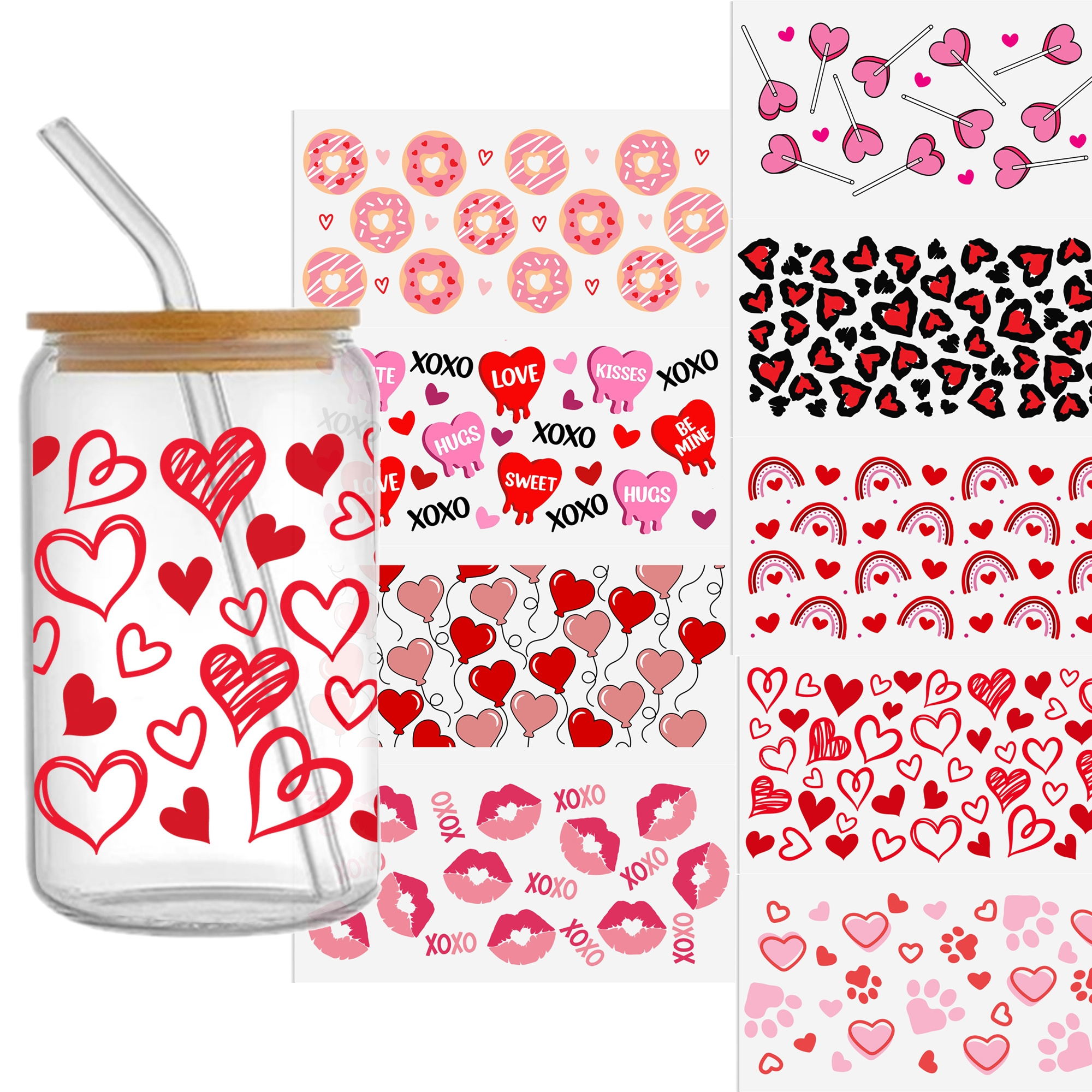 

9pcs Valentine's Day Heart-shaped Uv Dtf Transfer Stickers Set For Glass Cups - Waterproof, Self-adhesive Diy Decals In Pink/red/floral, 9.5"x4.3" - 16oz Tumblers