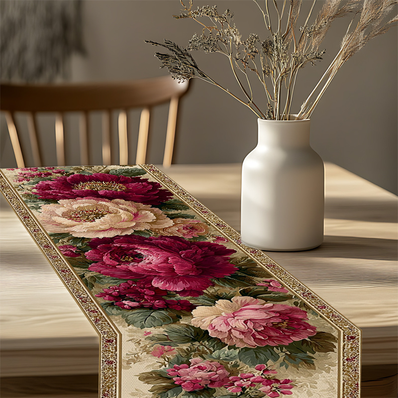Table Runner Table Cover Peonies Roses Beige