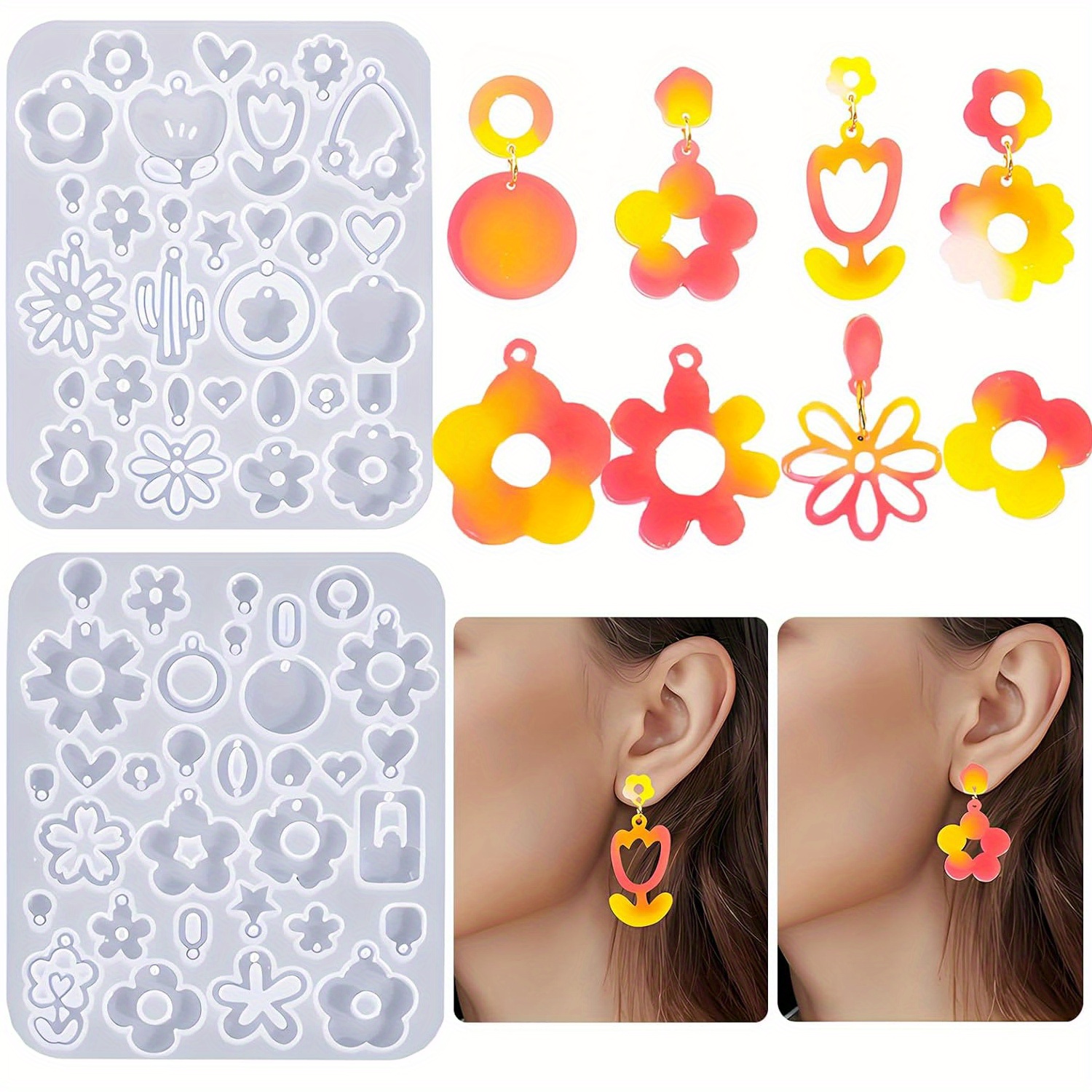 E-shop 2 Stück Blumen-Resin Ohrringformen - Silikonformen für DIY Epoxid-Schmuck, Anhänger & Schlüsselanhänger