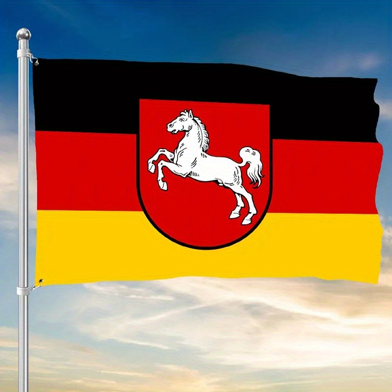 E-shop Deutschland Bannerflagge 3x5ft - Strapazierfähiges Polyester für Außen/Innen, - & Partydekoration mit Staatswappen (Weißes Pferd & Schild) -