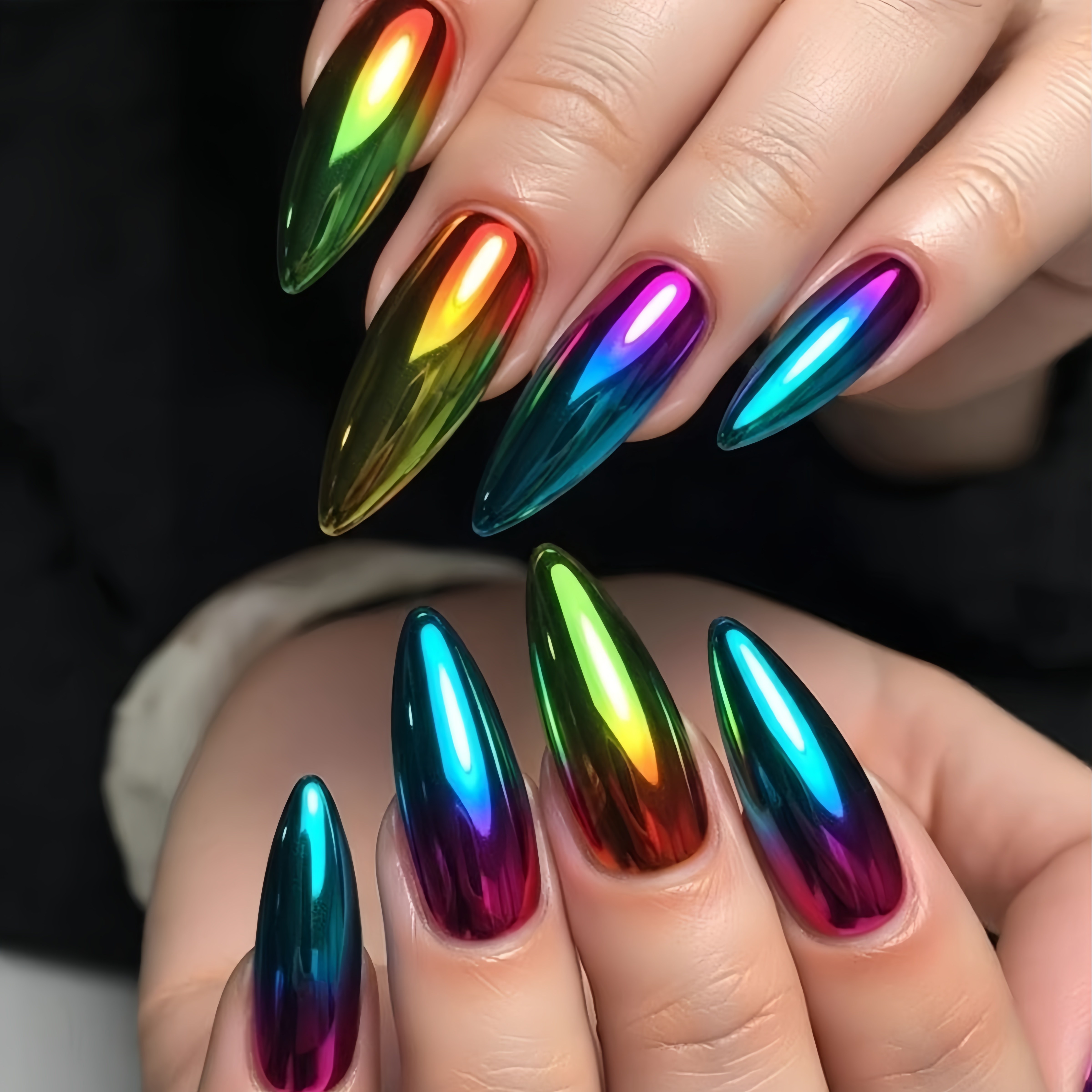 TEMU 24pcs Multicolor Gradient Ombre Shiny Electroplated Design Nails, Almond Nails, Shiny Fake Nails, Simple And Fashionable Manicure, Women'-on