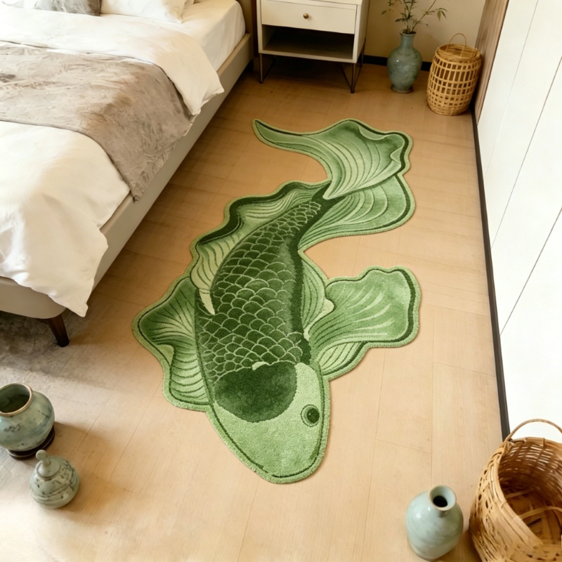 TEMU Cashmere And 900g And 9mm [2d Flat] Thin Plush 3d Effect, Non-long Pile, New Chinese Style Zen Green Koi Bedroom Bedside Plush Carpet Modern