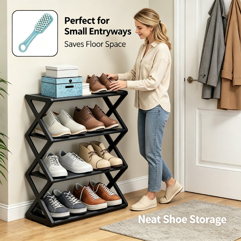 Image of Space Saving Integrated Shoe Rack, Large Capacity Shoe Storage Shelf, With Bonus Cleaning Brush For Entry Hall, Mudroom, Closet, Small Living Apartment, Home Decor
