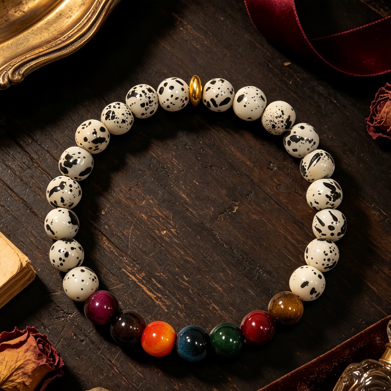 Unisex White Bead Bracelet with Black Speckles & Tiger's Eye