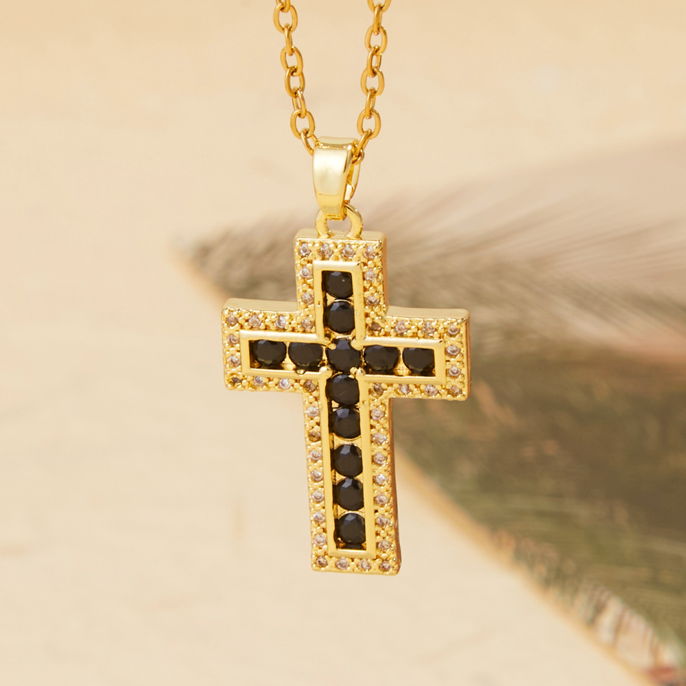 Image of 1pc Women' S Fashion Copper Alloy Cross Pendant Necklace Cubic 5a Zirconia Inlaid 316l Stainless Steel Gold Plated Religious Style Jewelry( Black/green/clear Cubic 5a Zirconia)