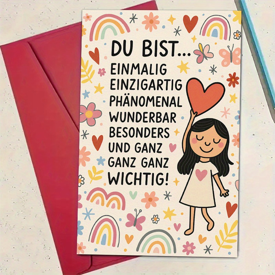Image of German Quote Card - "du Bist...enimalglüig" You Are Happy - Soft Rainbow And With Illustration - Encouraging Mental Health Gratitude Gift For , Family, Colleagues - Birthday, Anniversary, - German