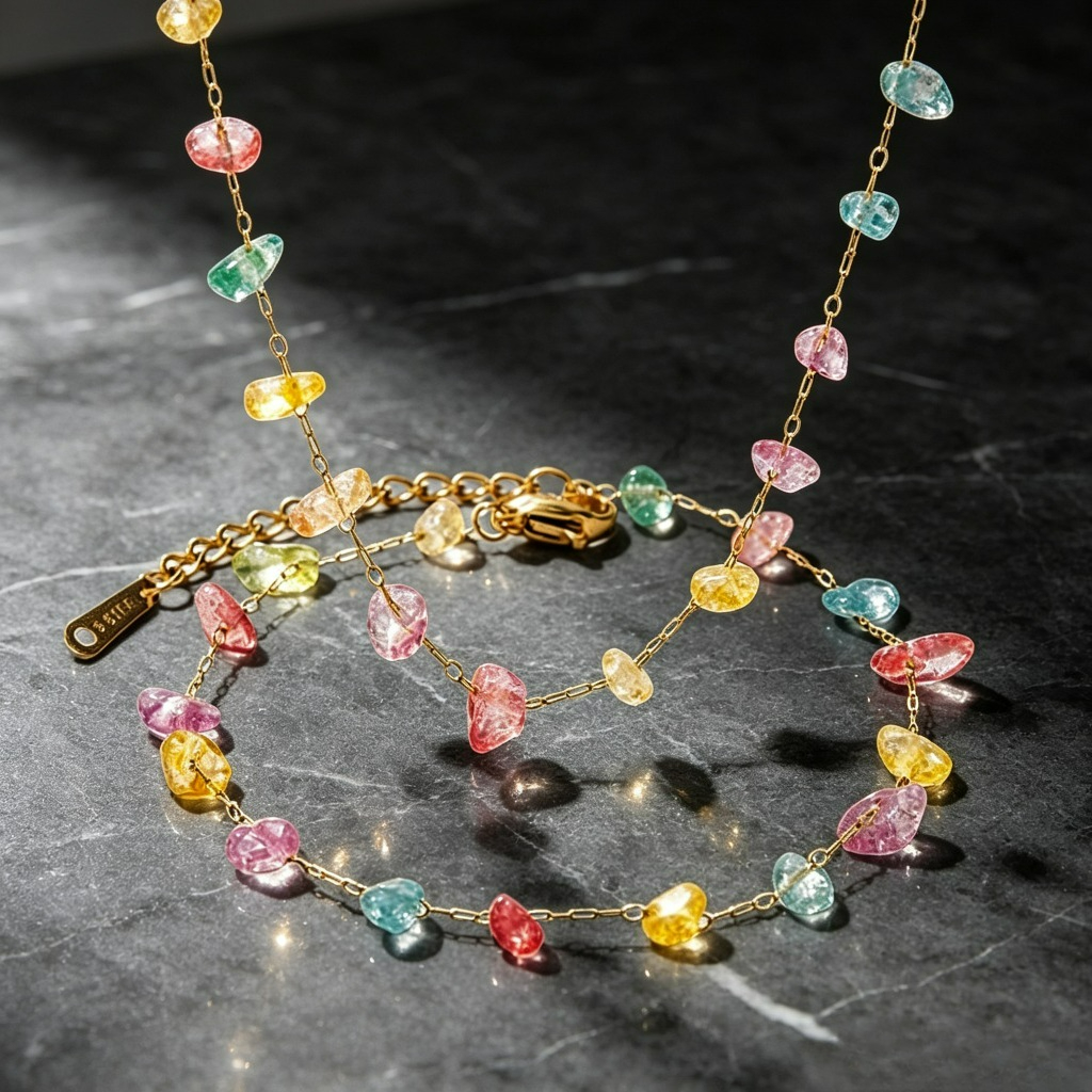 Niche Design Irregular Colored Pebble Pendant Collarbone Chain + Bracelet Set