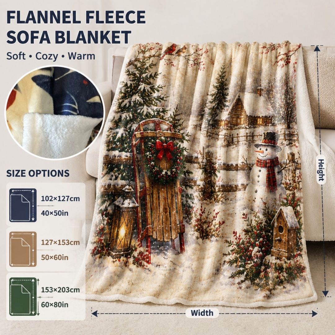TEMU 1pc Cozy Snowman Sled Scene Plush Blanket, Cabin With And Lantern Print, Perfect For Sofa, Couch, Travel - Holiday Theme Throw, Decor Gift The