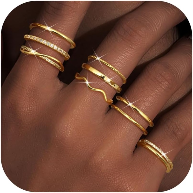 9pcs Golden Stackable Rings For Women Non Tarnish Open Adjustable Thin Thumb Silvery Rings 14k Golden Plated Stacking Cubic Zirconia Knuckle Set Dainty Statement Promise Wedding Band Ring
