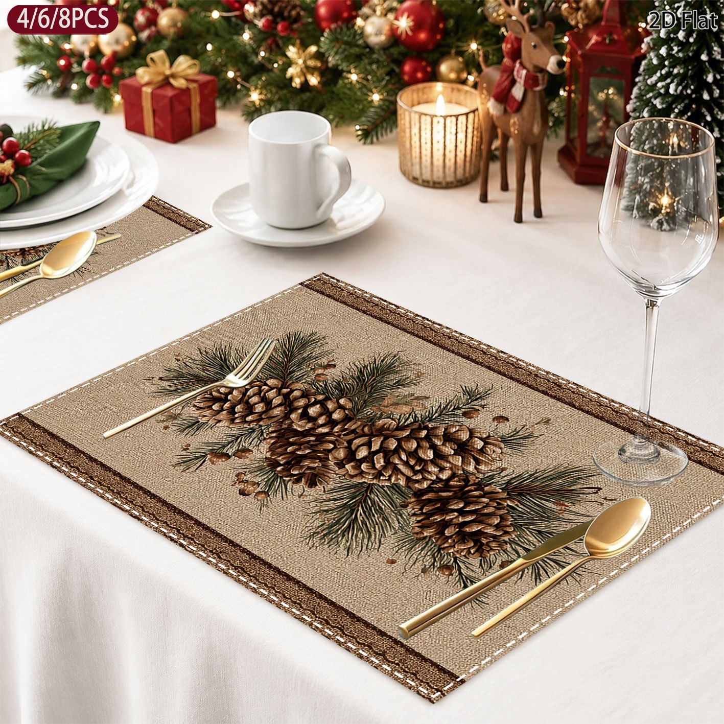 item picture 4 6 8pcs christmas pine cone print decorative placemat set suitable for family     living and dining room decor and kitchen dining table decoration