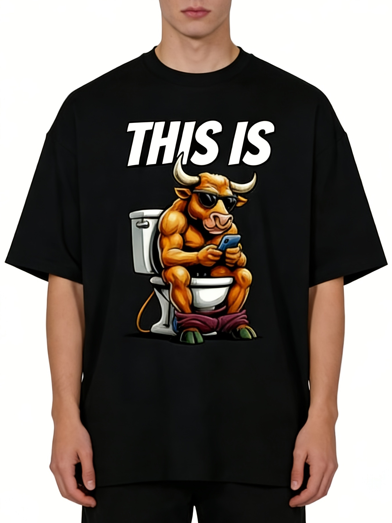 printed design not textured 2026 new funny bull toilet mens t shirt american humor style loose short sleeve mens fashion printed short sleeve t shirt casual versatile classic crew neck machine washable   for dates