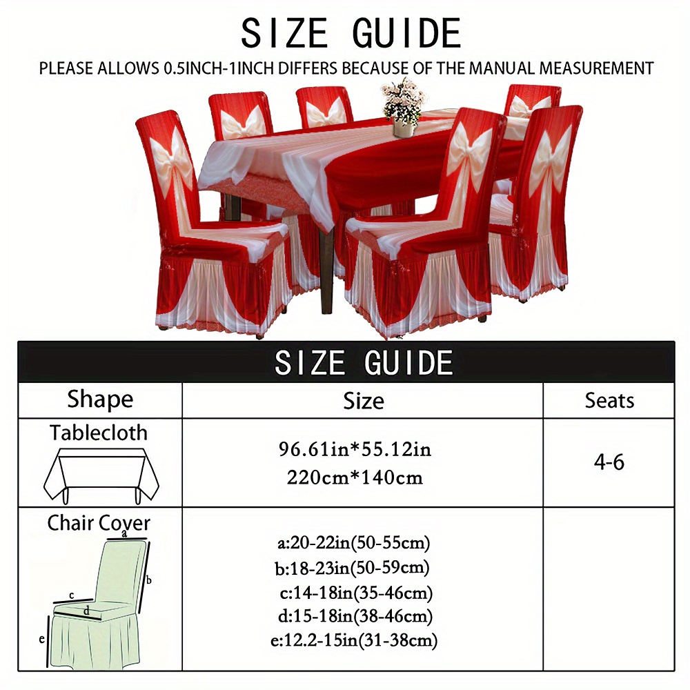 TEMU 5/7pcs Tablecloth Set: 1 Tablecloth   4 Skirted Chair Covers Or 1 Tablecloth   6 Skirted Chair Covers, With 2d Flat Printed Red Curtain White